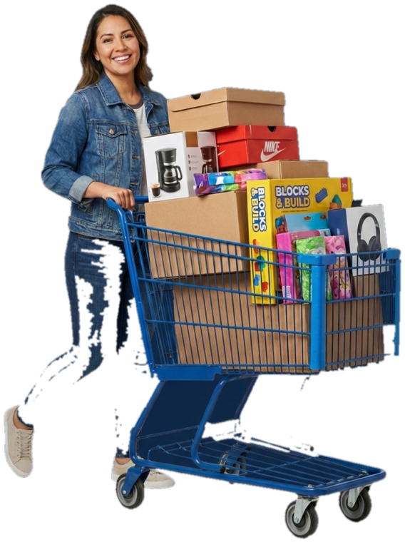 A loyalty member pushing a shopping cart piled high with brand-new finds